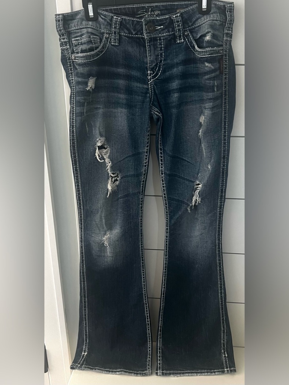 Silver Jeans Women's Dark Distressed Flare Boot Cut Jeans